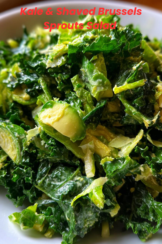 Kale & Shaved Brussels Sprouts Salad with Avocado Caesar Dressing