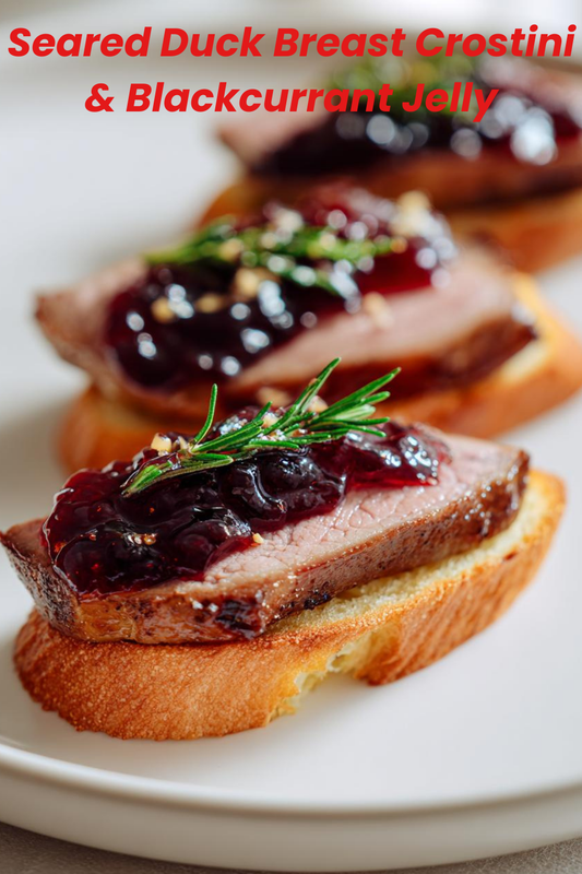 Seared Duck Breast Crostini with Blackcurrant Jelly