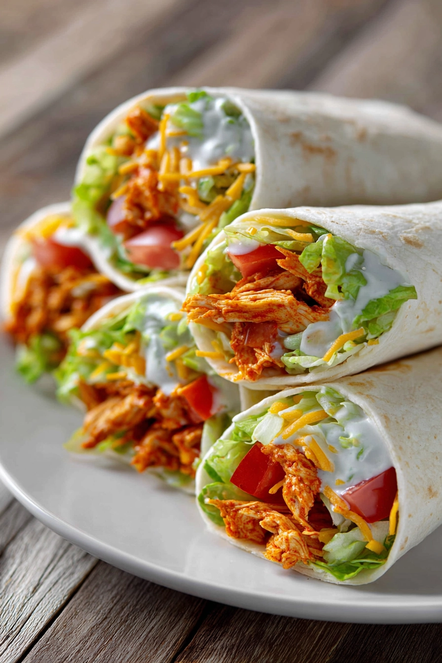 Close-up of 5 Minute Buffalo Chicken Wraps cut diagonally, filled with buffalo chicken, shredded lettuce, diced tomatoes, cheddar cheese, and ranch dressing on a white round plate.