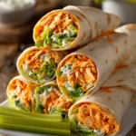 Close-up photo of 5 Minute Buffalo Chicken Wraps cut diagonally on a white plate with celery sticks, showing buffalo chicken, shredded cheddar, romaine lettuce, sliced celery, and ranch dressing inside flour tortillas.
