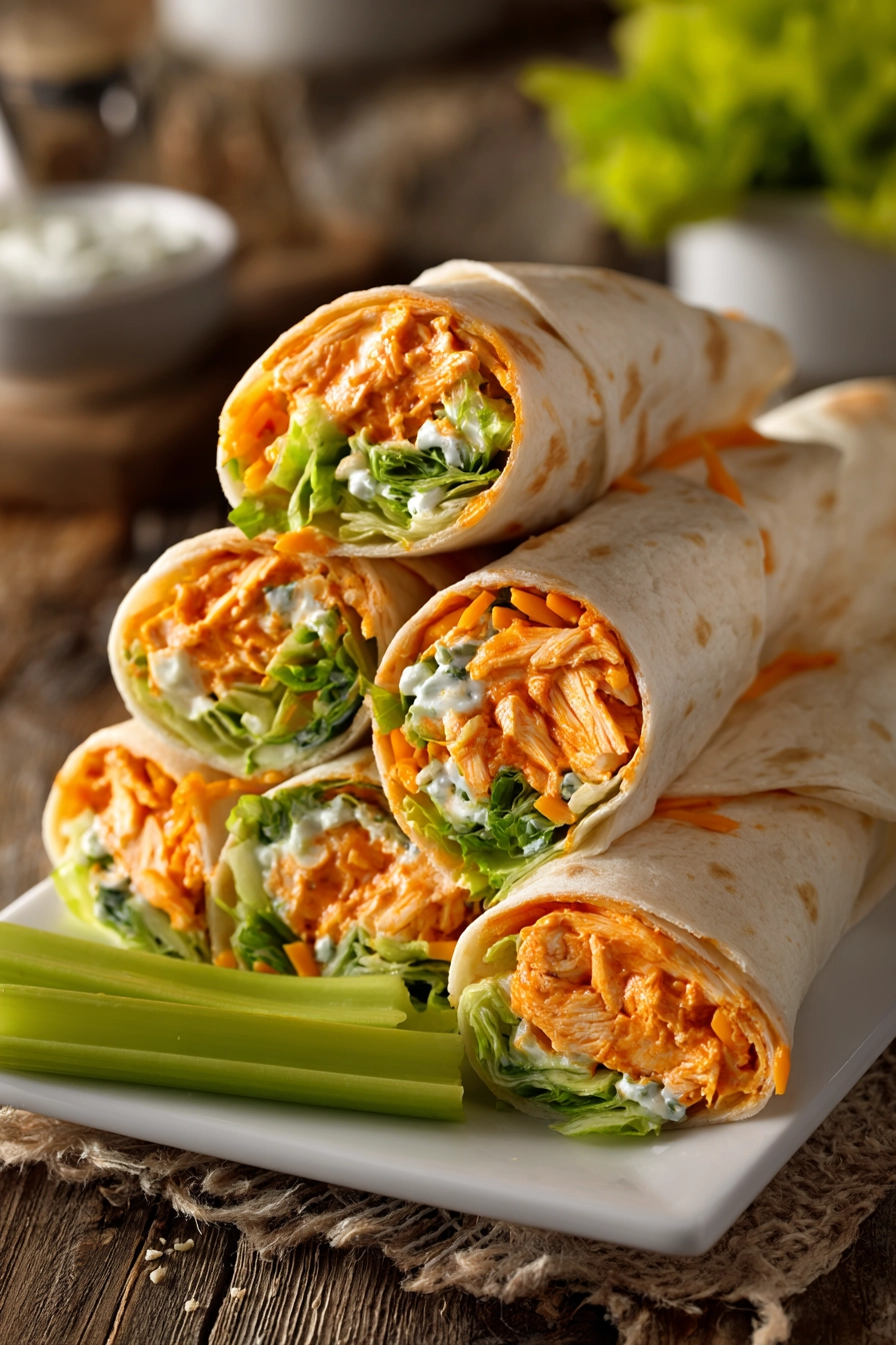 Close-up photo of 5 Minute Buffalo Chicken Wraps cut diagonally on a white plate with celery sticks, showing buffalo chicken, shredded cheddar, romaine lettuce, sliced celery, and ranch dressing inside flour tortillas.
