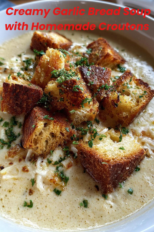 CREAMY GARLIC BREAD SOUP WITH HOMEMADE CROUTONS