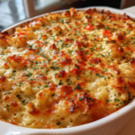 Easy Creamy Shrimp and Crab Alfredo Pasta Bake with Cheese Crust
