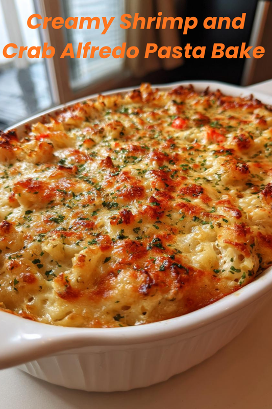Easy Creamy Shrimp and Crab Alfredo Pasta Bake with Cheese Crust
