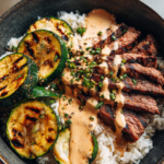 Grilled Steak Bowl with Creamy Sauce & Grilled Zucchin