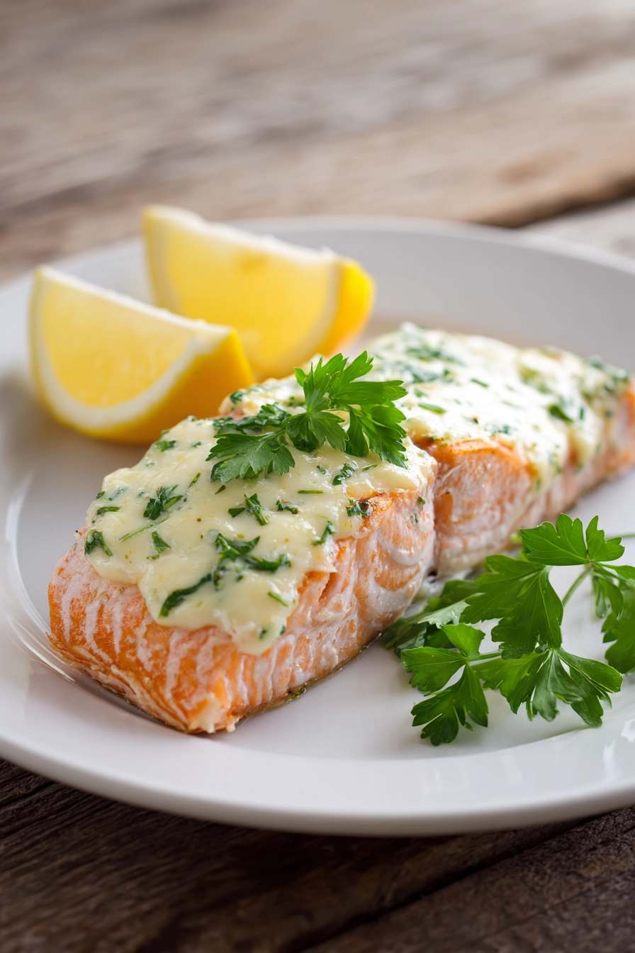 Close-up of baked salmon fillet topped with melted creamy Boursin cheese spread, garnished with chopped fresh parsley and a lemon wedge on a white plate, showcasing tender flaky pink-orange fish under a smooth white cheese topping.