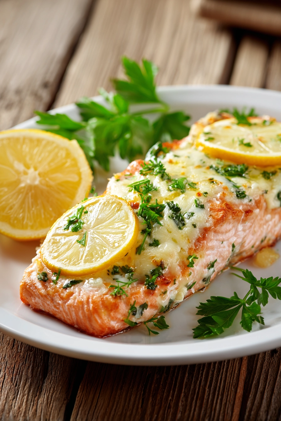 Close-up of a baked salmon fillet topped with melted creamy Boursin garlic and herb cheese, garnished with lemon slices and parsley on a white plate, warm natural light highlighting the tender flaky texture.