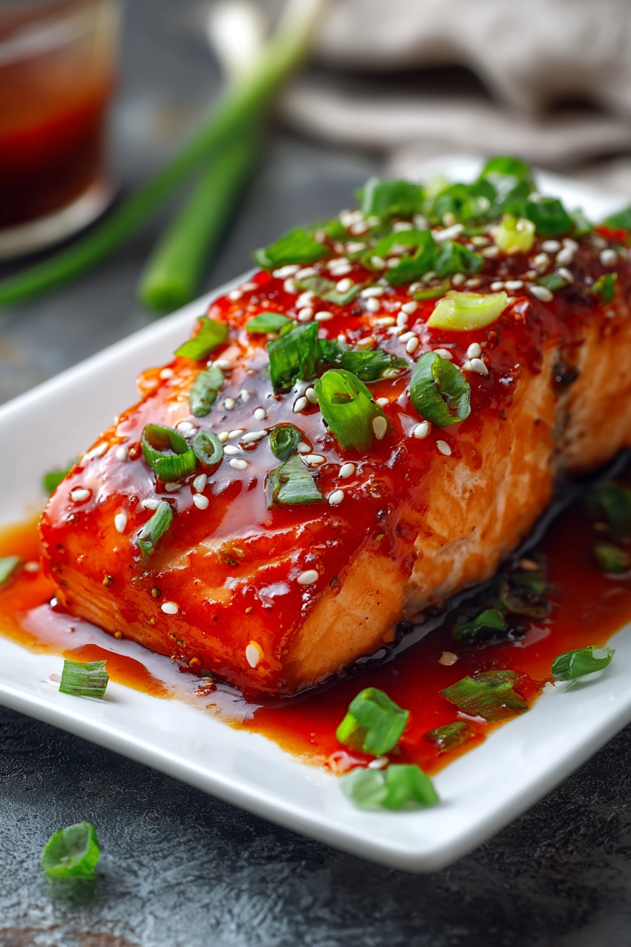 Close-up of tender baked salmon fillet centered on a white rectangular plate, topped with sticky bright red-orange sweet chili garlic sauce, garnished with chopped green onions and white sesame seeds on a rustic surface.