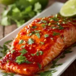 Close-up of a baked salmon fillet glazed with sticky sweet chili garlic sauce on a white rectangular plate, garnished with chopped cilantro and a lime wedge, showcasing warm orange-pink salmon and vibrant sauce colors.