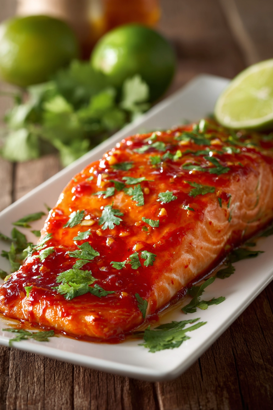 Close-up of a baked salmon fillet glazed with sticky sweet chili garlic sauce on a white rectangular plate, garnished with chopped cilantro and a lime wedge, showcasing warm orange-pink salmon and vibrant sauce colors.