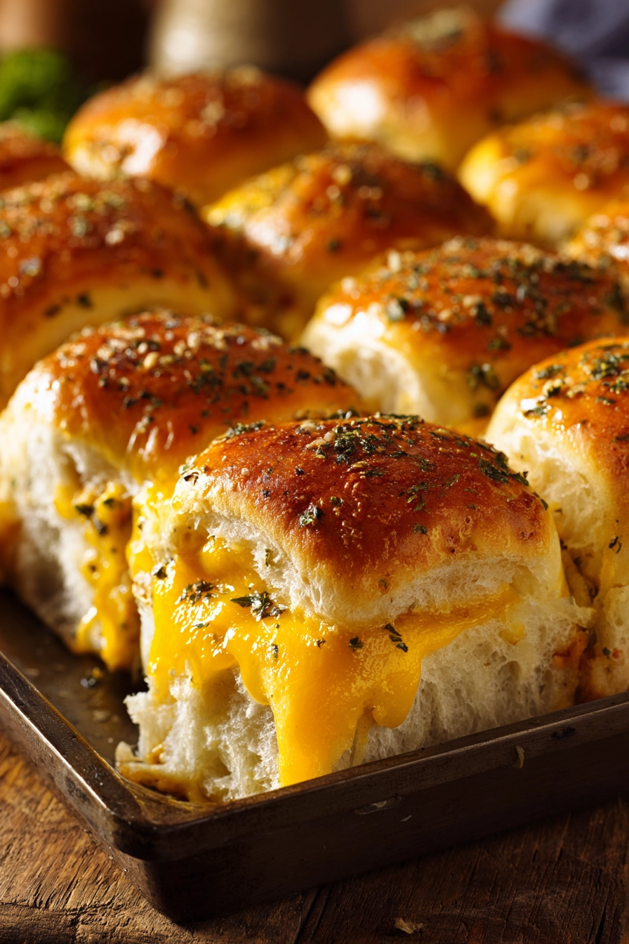 Close-up of golden baked turkey and cheese sliders in a rectangular baking dish, showing melted cheddar cheese between soft slider buns and sprinkled with herbs.
