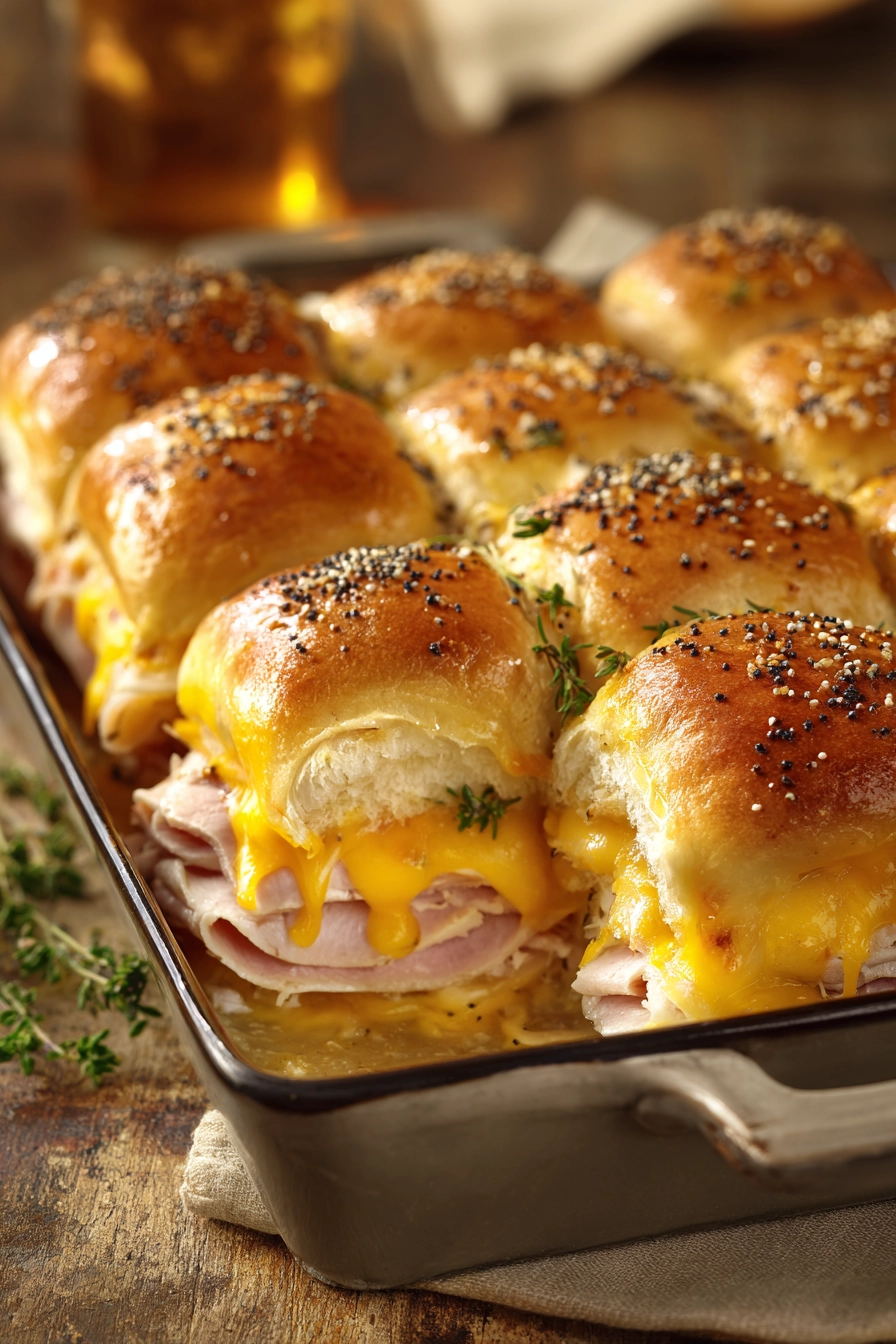 Close-up of baked turkey and cheese sliders in a rectangular dish, showing golden brown tops, melted cheddar cheese, sliced turkey breast, and poppy seed butter glaze on soft slider buns.