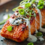 Close-up of pan-seared salmon fillet with crispy orange-pink skin, drizzled creamy spicy bang bang sauce, garnished with sliced green onions and black and white sesame seeds on a rustic surface