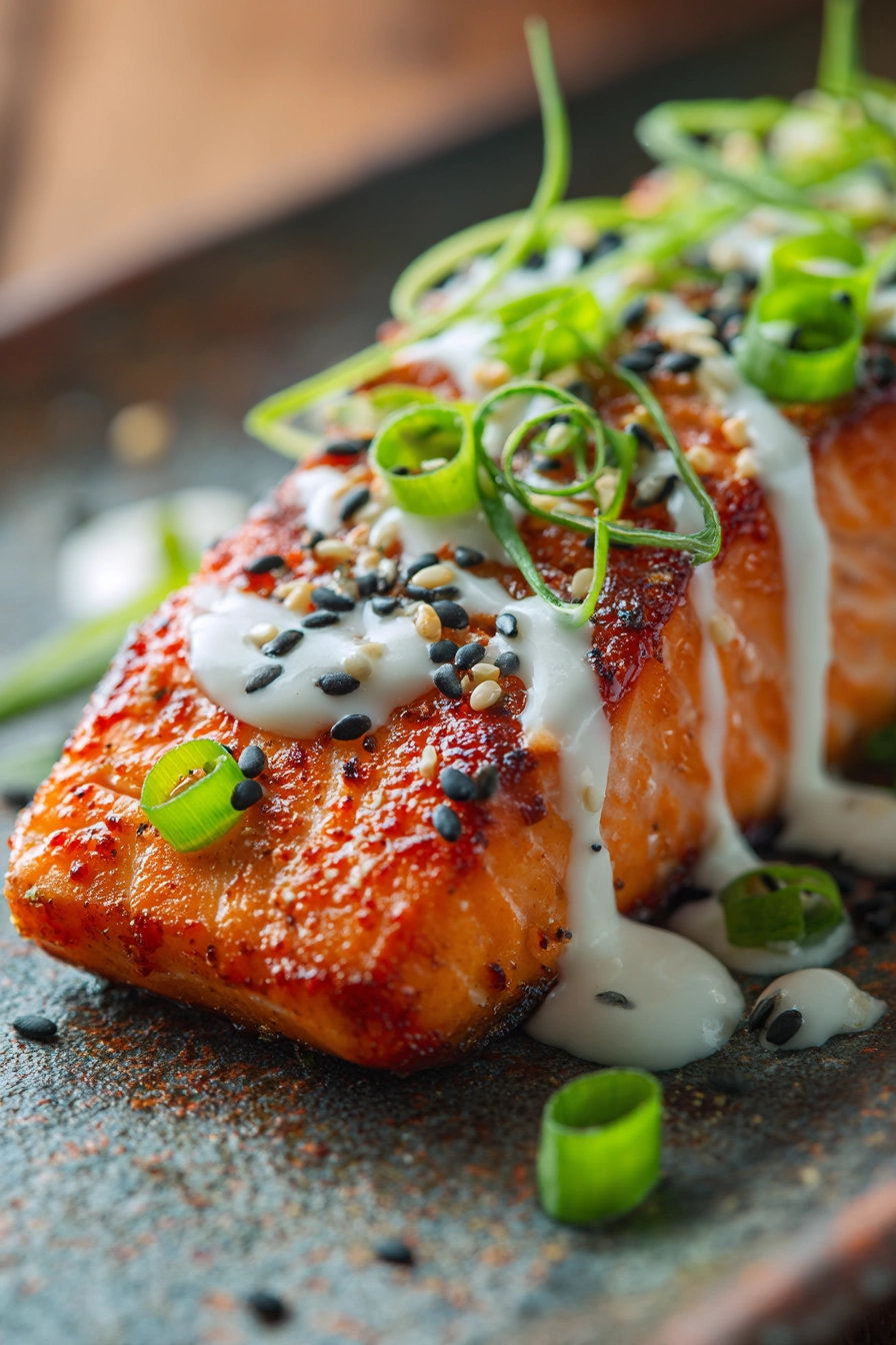Close-up of pan-seared salmon fillet with crispy orange-pink skin, drizzled creamy spicy bang bang sauce, garnished with sliced green onions and black and white sesame seeds on a rustic surface