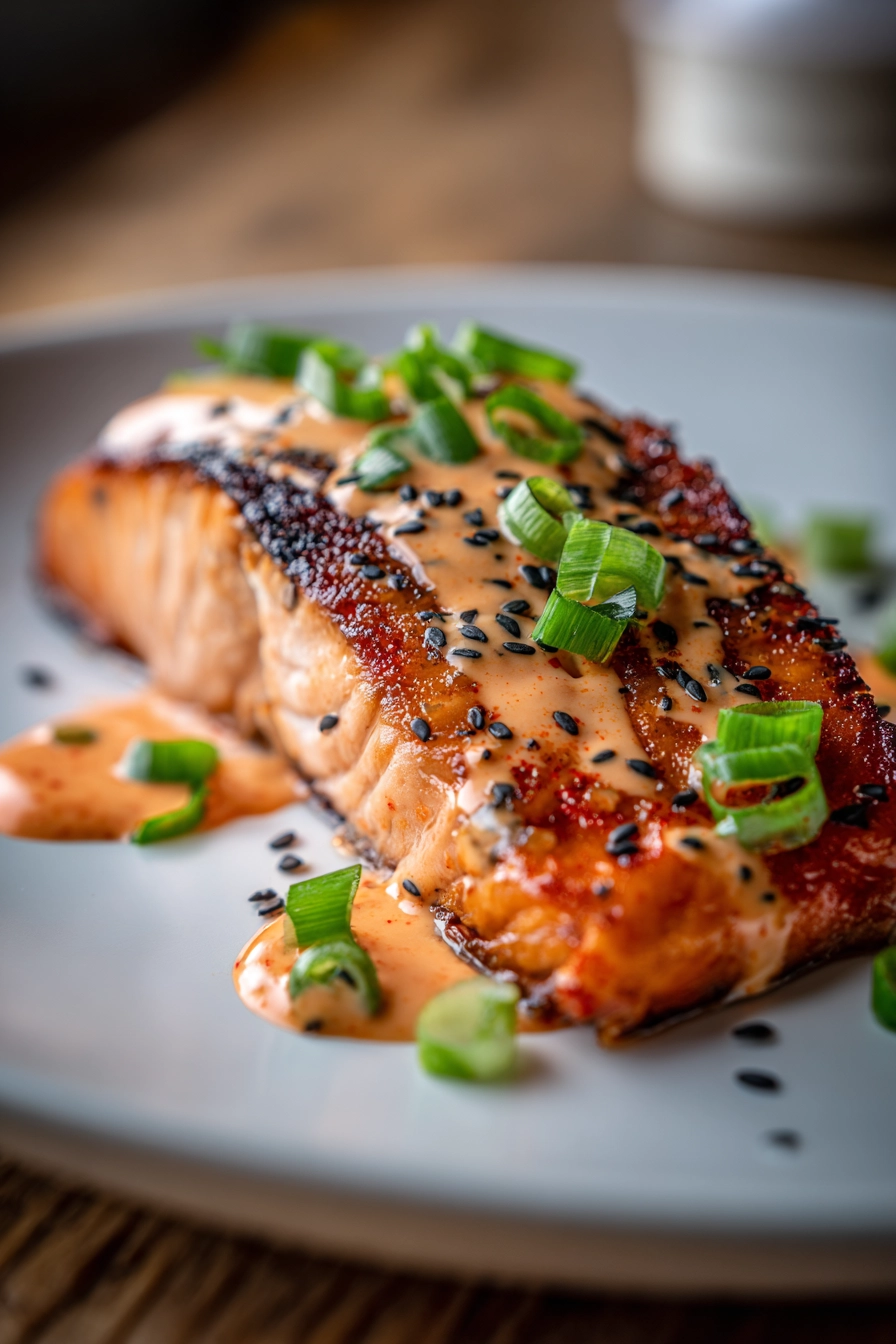 Close-up of pan-seared salmon fillet with crispy exterior and tender flaky interior on a white plate, drizzled with creamy spicy bang bang sauce, garnished with sliced green onions and black sesame seeds