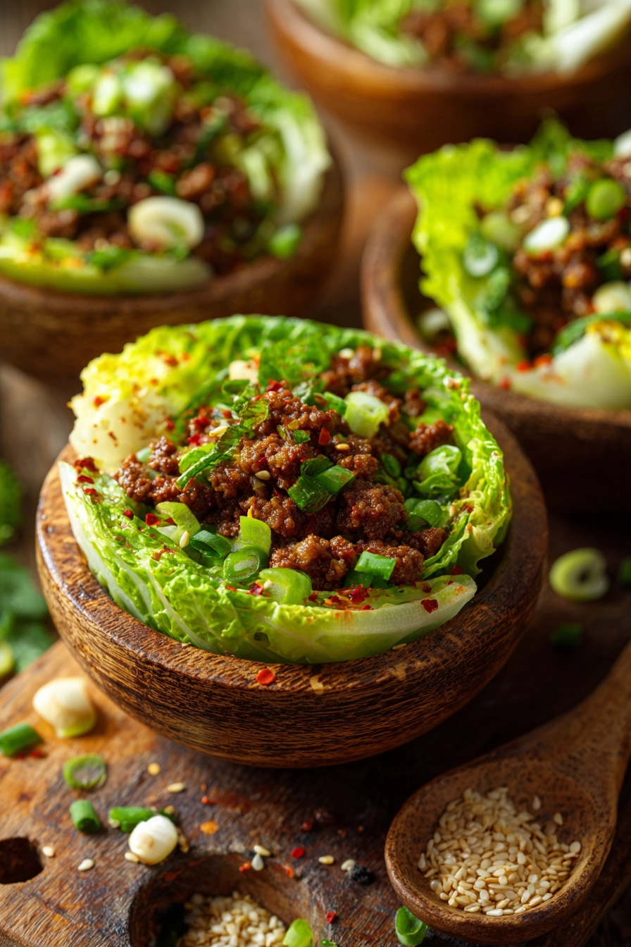 Close-up of rustic beef cabbage bowls with sautéed ground beef, green cabbage leaves, chopped green onions, sesame seeds, and red pepper flakes on a wooden surface.