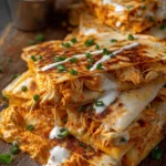 Close-up of grilled buffalo chicken quesadillas cut into triangular wedges with melted cheddar and mozzarella cheese, garnished with chopped green onions on a white plate with a ramekin of ranch dressing