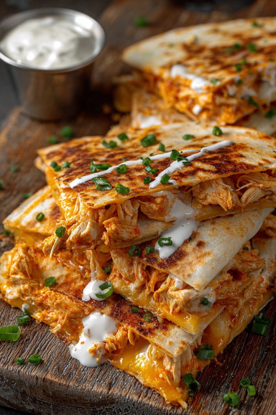 Close-up of grilled buffalo chicken quesadillas cut into triangular wedges with melted cheddar and mozzarella cheese, garnished with chopped green onions on a white plate with a ramekin of ranch dressing