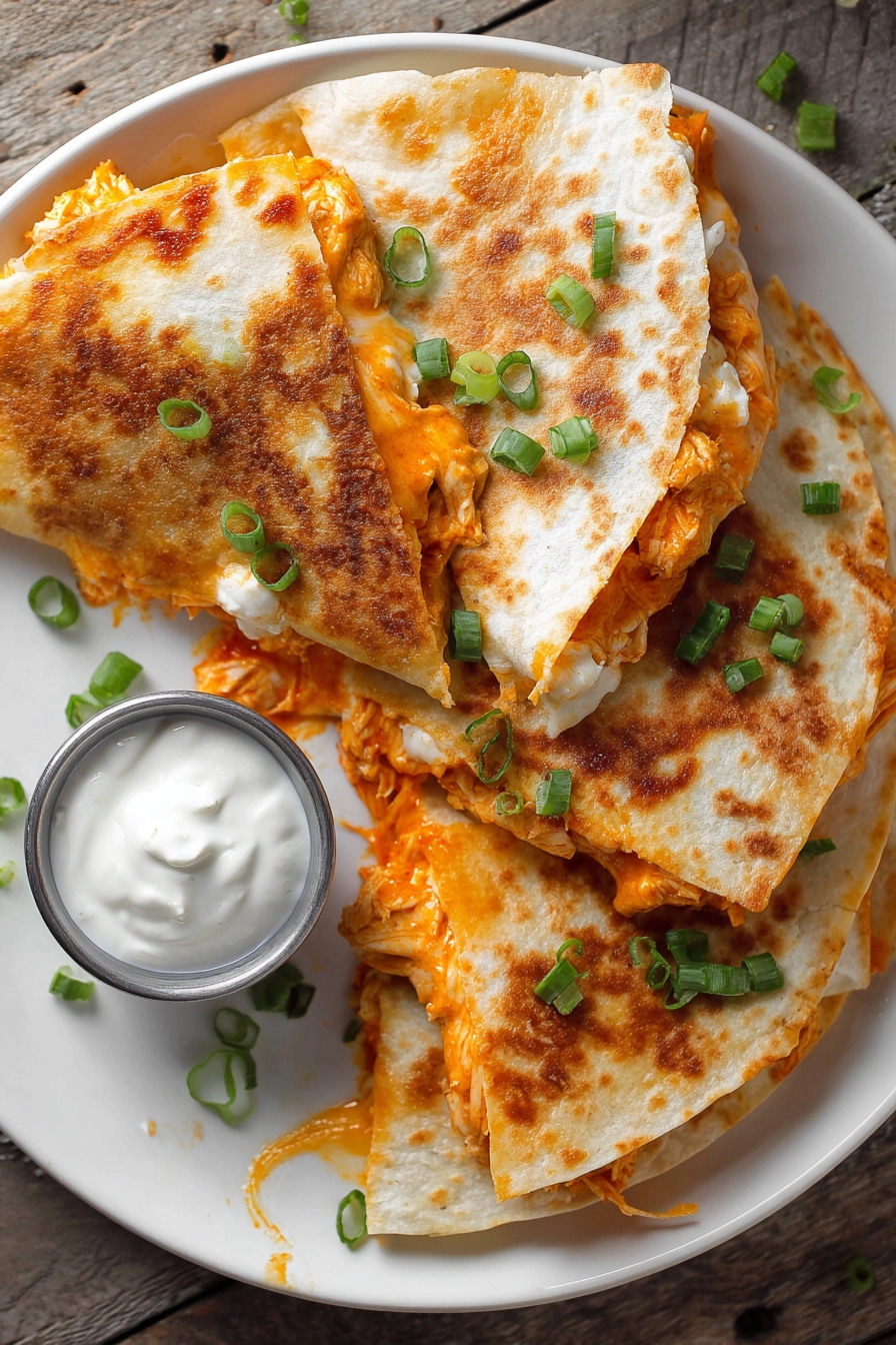 Close-up overhead photo of crispy buffalo chicken quesadillas cut into wedges with melted cheddar and mozzarella cheese, vibrant buffalo sauce, green onion garnish, and ranch dressing on a white plate with warm natural lighting.