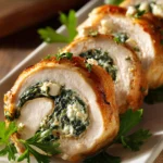 Close-up of sliced chicken roll ups with creamy spinach and herb filling arranged on a white rectangular plate, garnished with fresh parsley, showcasing golden brown exterior and spiral cross-section.