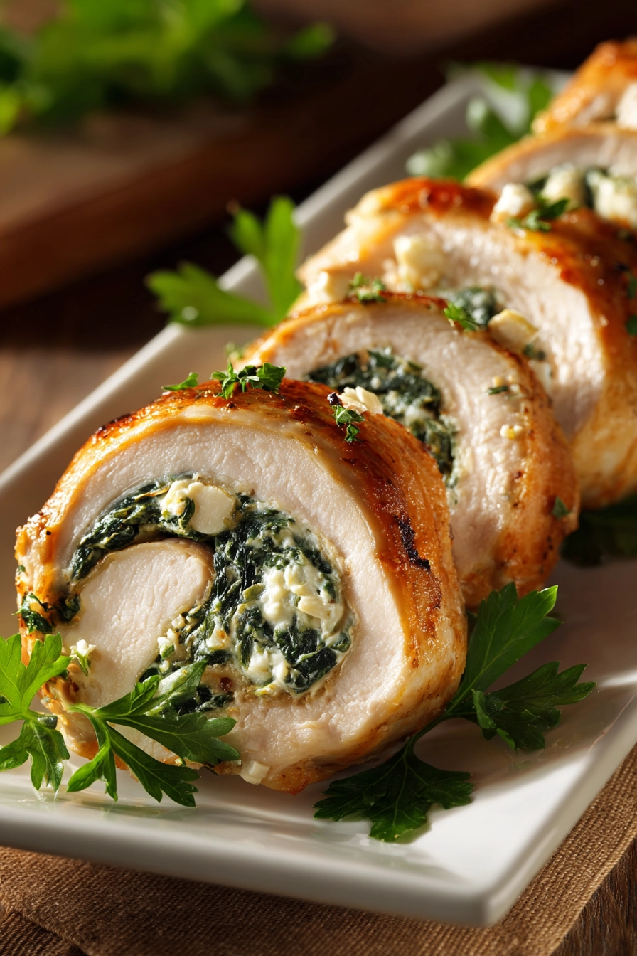 Close-up of sliced chicken roll ups with creamy spinach and herb filling arranged on a white rectangular plate, garnished with fresh parsley, showcasing golden brown exterior and spiral cross-section.