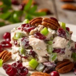 Close-up of creamy cranberry pecan chicken salad with diced poached chicken, dried cranberries, chopped pecans, celery, and green onions on a white plate, warm natural light