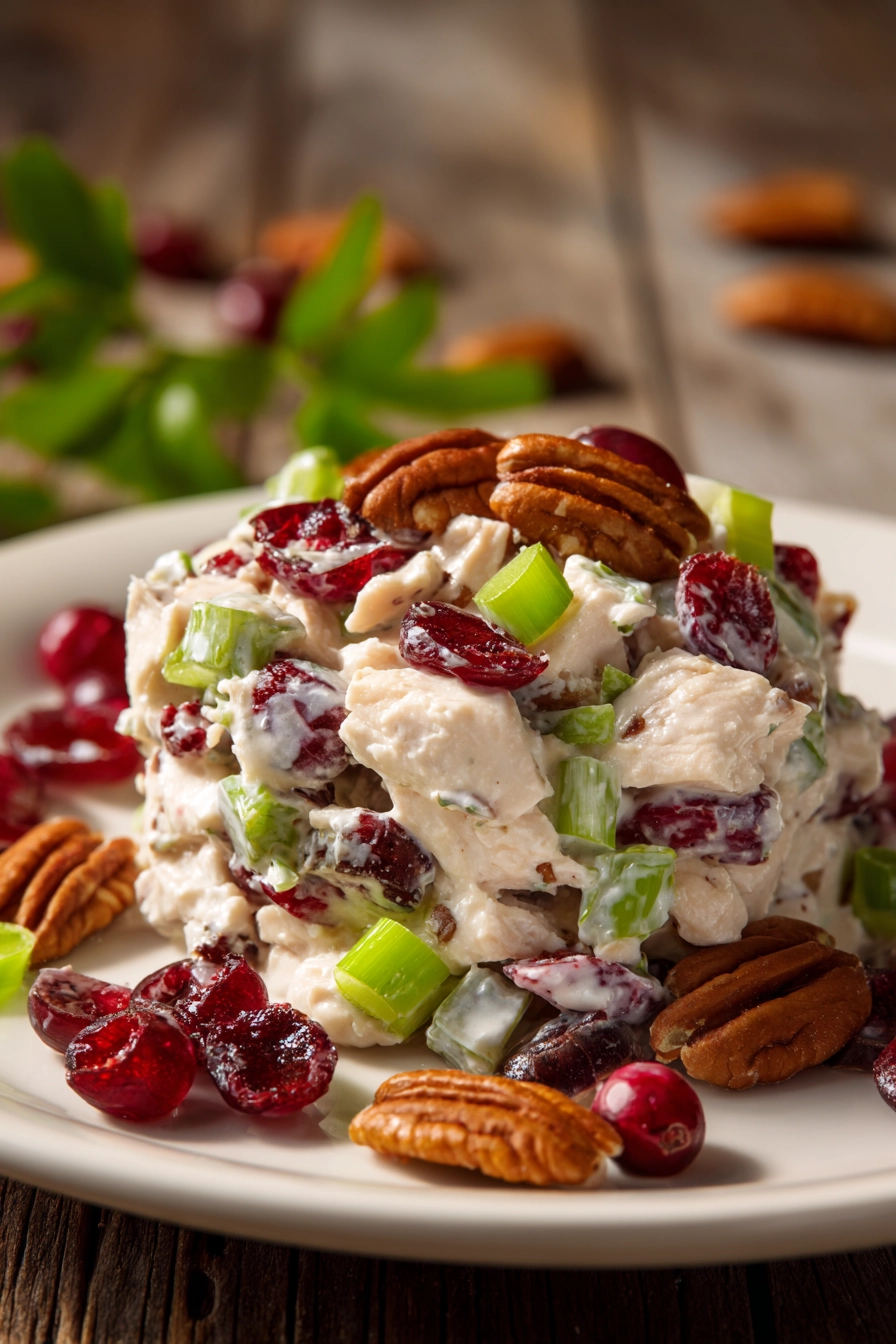 Close-up of creamy cranberry pecan chicken salad with diced poached chicken, dried cranberries, chopped pecans, celery, and green onions on a white plate, warm natural light