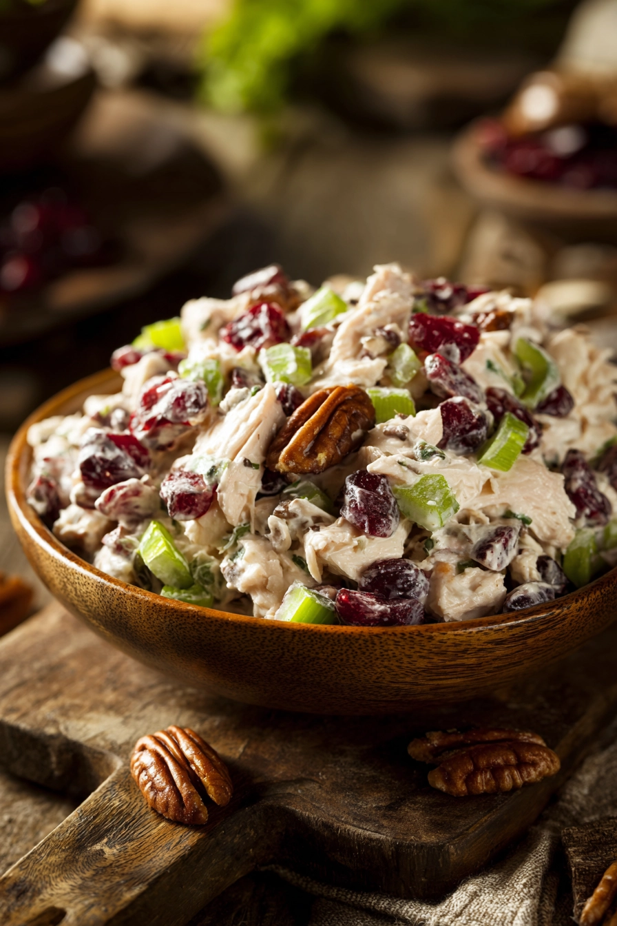 Close-up of creamy cranberry pecan chicken salad with shredded chicken, dried cranberries, chopped celery, green onions, and pecans in a shallow bowl on rustic surface