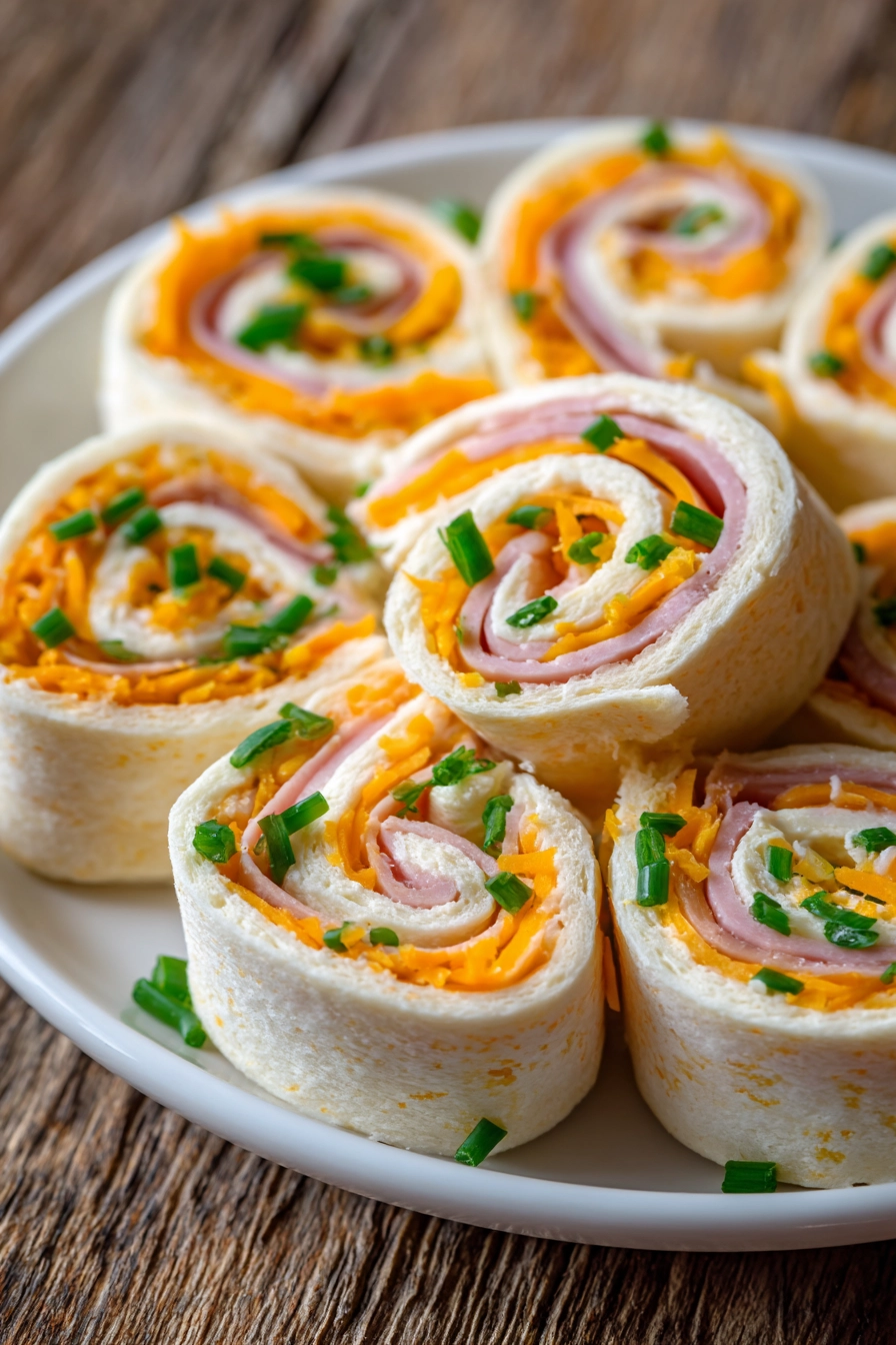 Close-up of cream cheese roll-ups sliced into pinwheels arranged on a white plate, highlighting layers of cream cheese with herbs, sliced deli ham, shredded cheddar cheese, and chopped fresh chives wrapped in soft flour tortillas.