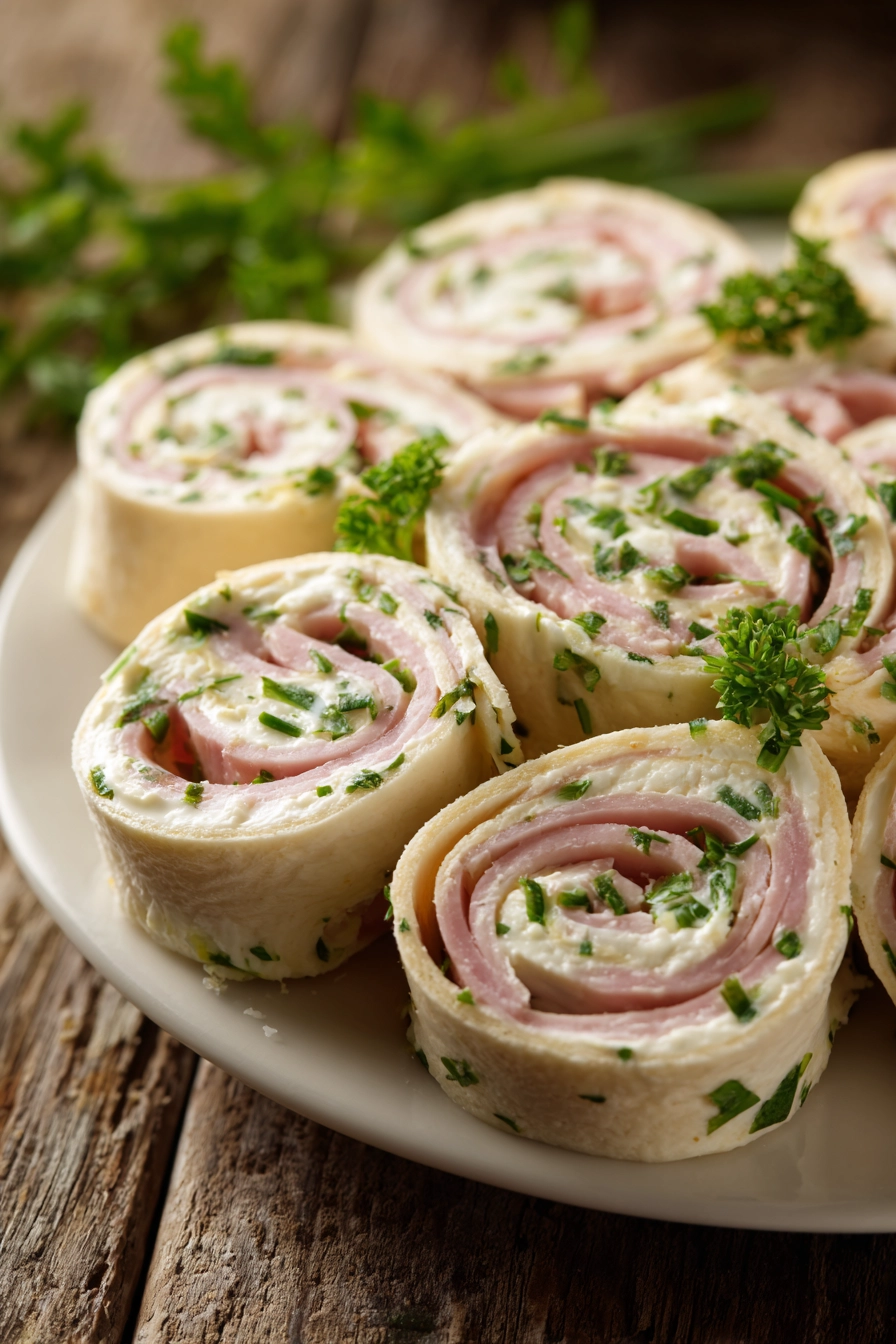 Close-up of sliced cream cheese roll-ups with herbs and deli ham arranged in a circular pattern on a white plate, showing soft tortillas and visible green herb specks.