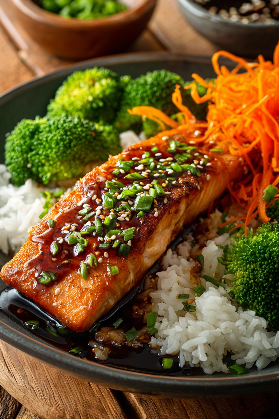 Close-up of a crispy pan-seared salmon fillet with golden skin on white jasmine rice, steamed broccoli florets, shredded carrots, drizzled with soy-ginger glaze and garnished with sesame seeds and chopped scallions on a rustic wooden surface
