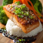 Close-up of crispy pan-seared salmon fillet on white jasmine rice with steamed broccoli, carrot ribbons, soy-ginger glaze, sesame seeds, and sliced green onions on rustic wooden surface
