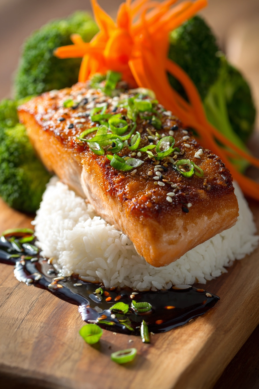 Close-up of crispy pan-seared salmon fillet on white jasmine rice with steamed broccoli, carrot ribbons, soy-ginger glaze, sesame seeds, and sliced green onions on rustic wooden surface