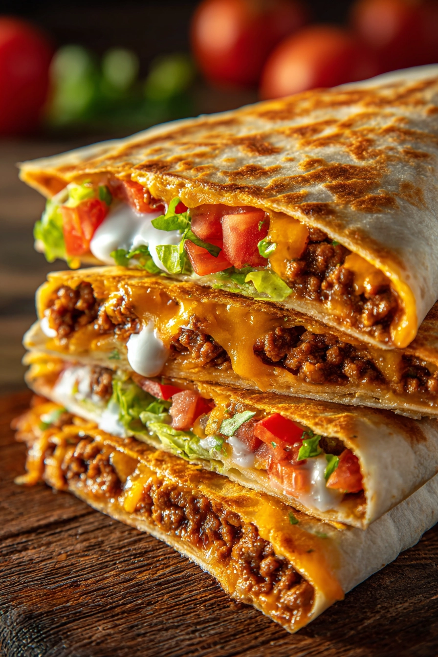 Close-up of a hexagonally wrapped Crunchwrap Supreme showing golden tortilla with layers of crispy tostada, pan-cooked seasoned ground beef, nacho cheese sauce, refried beans, sour cream, shredded lettuce, diced tomatoes, and shredded cheddar cheese on a rustic plate