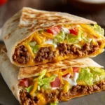 Close-up of a Crunchwrap Supreme halved to reveal layers of pan-cooked ground beef, crispy tostada shell, refried beans, nacho cheese sauce, sour cream, shredded lettuce, diced tomatoes, and shredded cheddar cheese on a warm golden brown flour tortilla with natural lighting on a rustic surface.