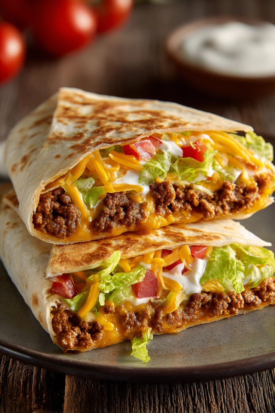 Close-up of a Crunchwrap Supreme halved to reveal layers of pan-cooked ground beef, crispy tostada shell, refried beans, nacho cheese sauce, sour cream, shredded lettuce, diced tomatoes, and shredded cheddar cheese on a warm golden brown flour tortilla with natural lighting on a rustic surface.