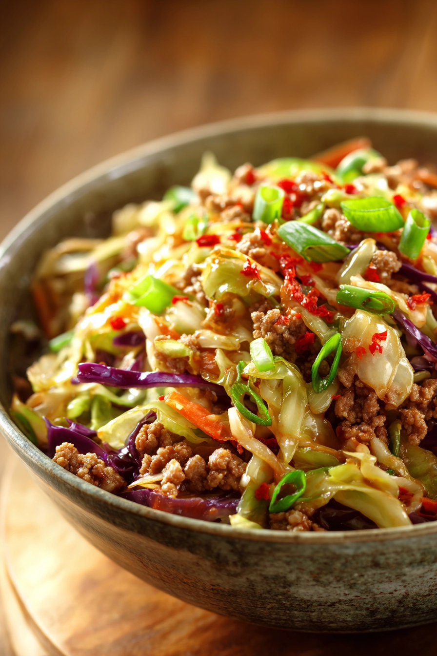 Close-up of a rustic bowl filled with sautéed ground pork, shredded green cabbage and carrots, garnished with chopped green onions and red pepper flakes in warm natural light