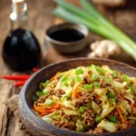 Close-up of Egg Roll in a Bowl with sautéed ground pork, shredded cabbage, carrots, and green onions in a rustic shallow bowl