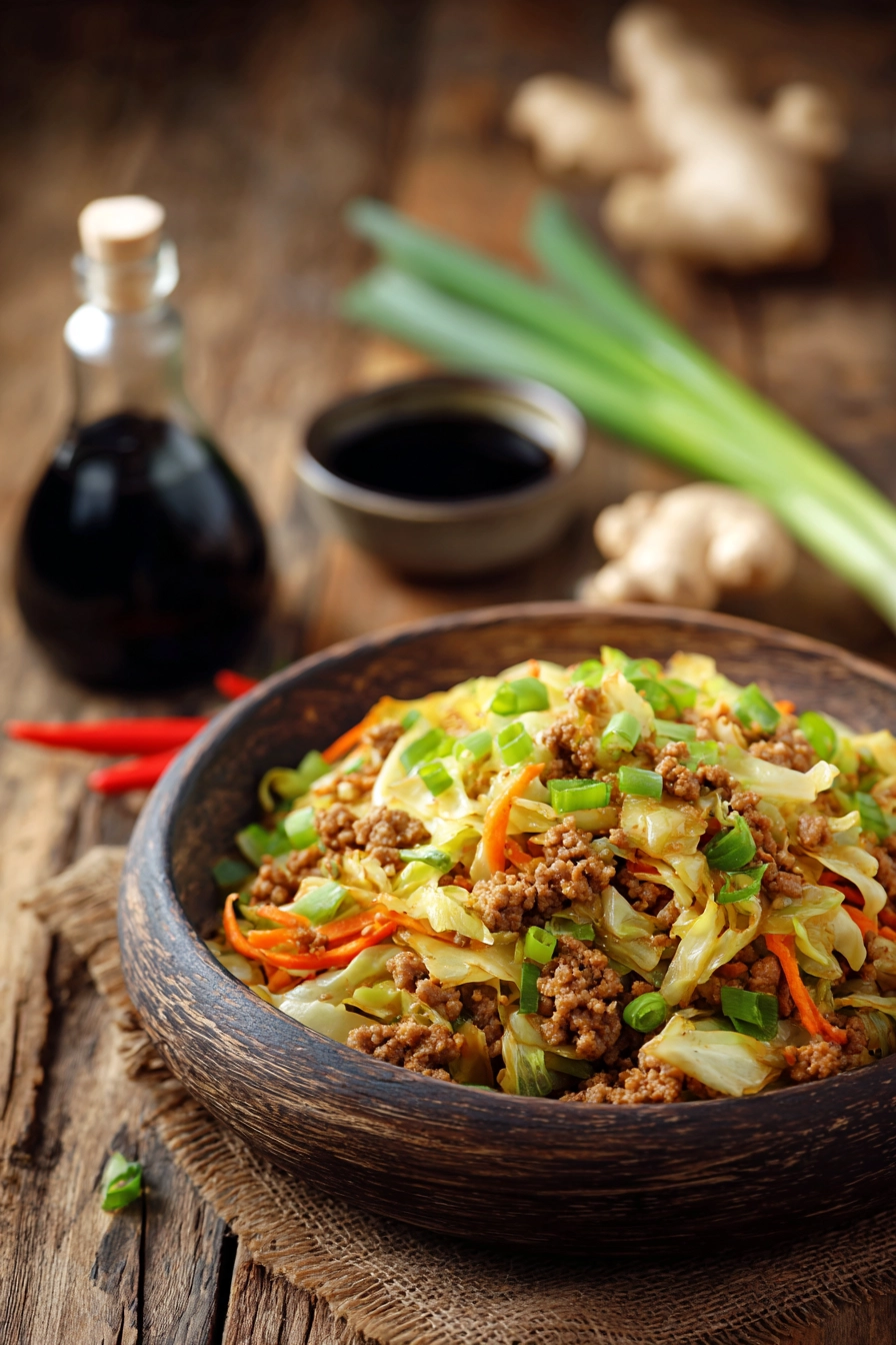 Close-up of Egg Roll in a Bowl with sautéed ground pork, shredded cabbage, carrots, and green onions in a rustic shallow bowl