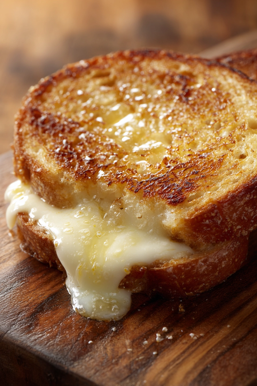 Close-up of a grilled mozzarella sandwich cut diagonally, showing golden crispy bread and melted mozzarella cheese with a buttery sheen on a white plate
