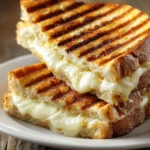 Close-up of grilled mozzarella sandwich cut diagonally with golden brown bread and melted white cheese on a white ceramic plate on rustic wooden surface