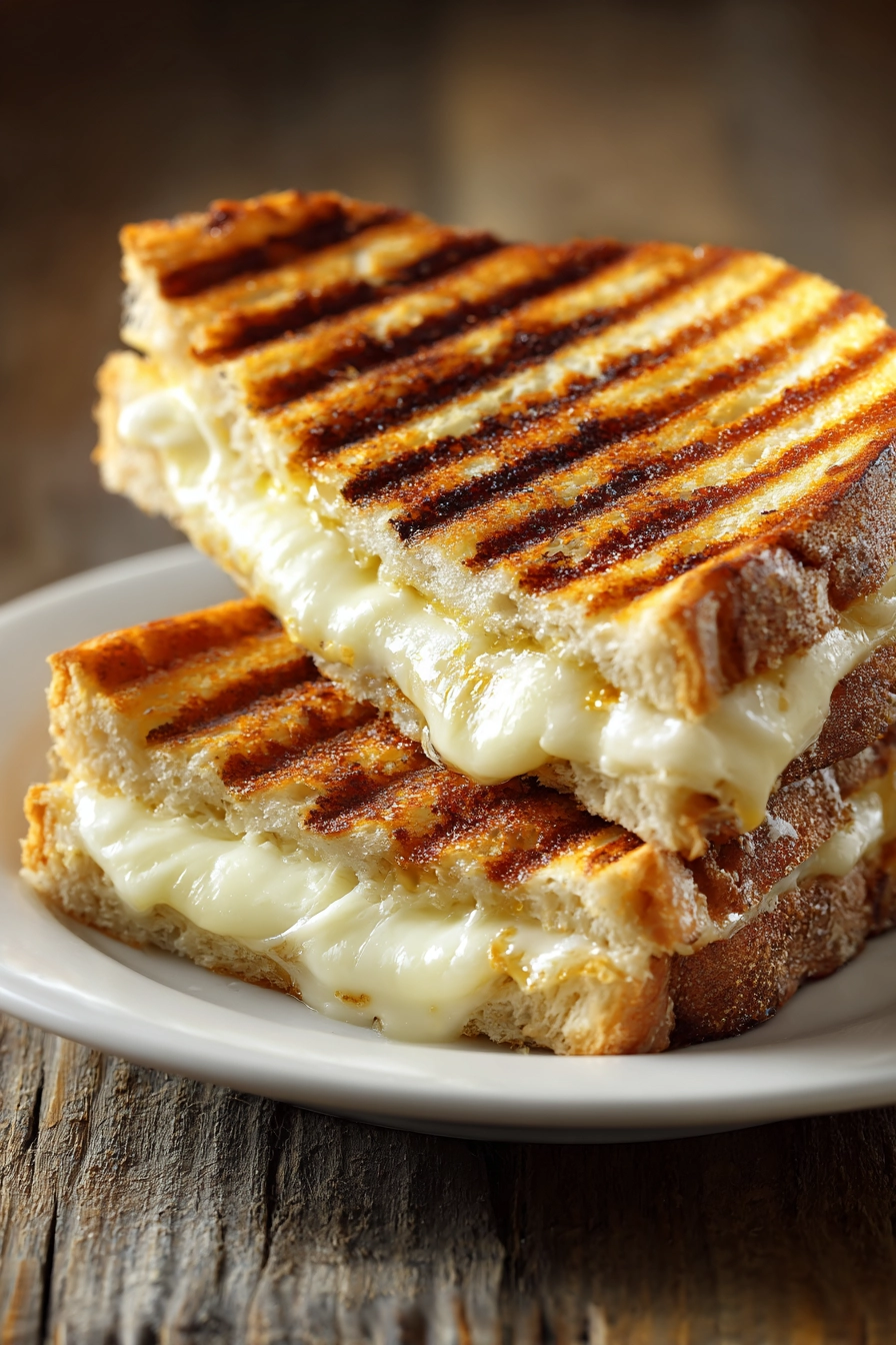 Close-up of grilled mozzarella sandwich cut diagonally with golden brown bread and melted white cheese on a white ceramic plate on rustic wooden surface