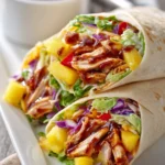 Close-up of two Hawaiian BBQ chicken wraps cut diagonally on a white plate with visible layers of grilled chicken, pineapple chunks, shredded lettuce, red onion, red bell pepper, cheddar cheese, and a small bowl of BBQ sauce on the side