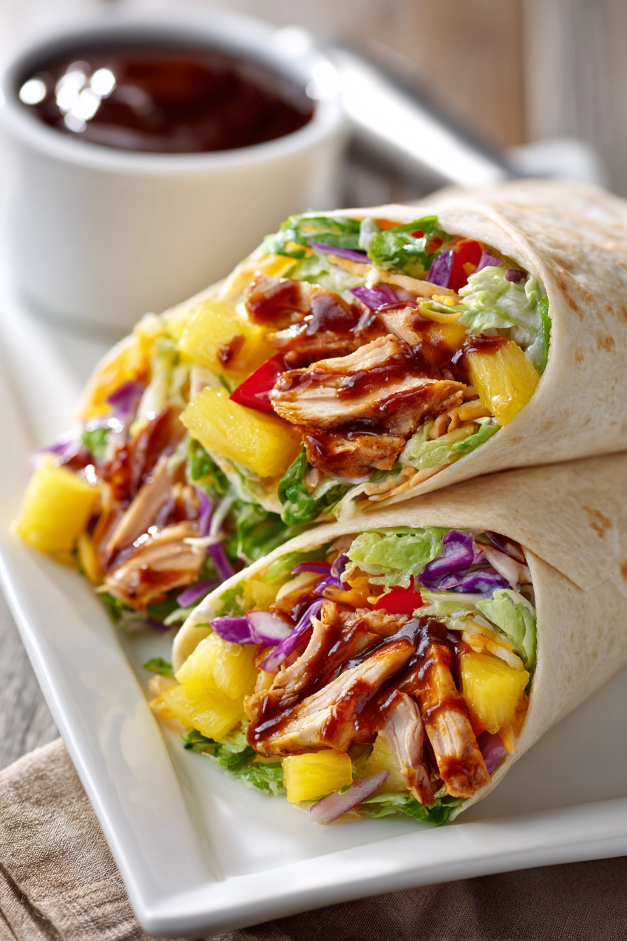 Close-up of two Hawaiian BBQ chicken wraps cut diagonally on a white plate with visible layers of grilled chicken, pineapple chunks, shredded lettuce, red onion, red bell pepper, cheddar cheese, and a small bowl of BBQ sauce on the side