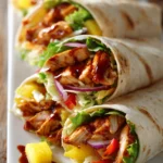 Close-up of Hawaiian BBQ Chicken Wraps with grilled chicken, pineapple chunks, red bell pepper, shredded lettuce, cheddar cheese, and red onions wrapped in soft flour tortillas, arranged upright on a white rectangular plate with pineapple chunks and barbecue sauce drizzle on the side