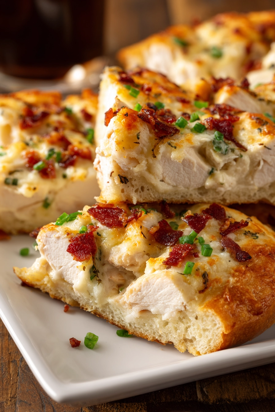 Close-up of golden-brown homemade chicken bake slices with melted mozzarella and cheddar cheese, diced chicken breast, crispy bacon bits, and green onions on a white rectangular plate.