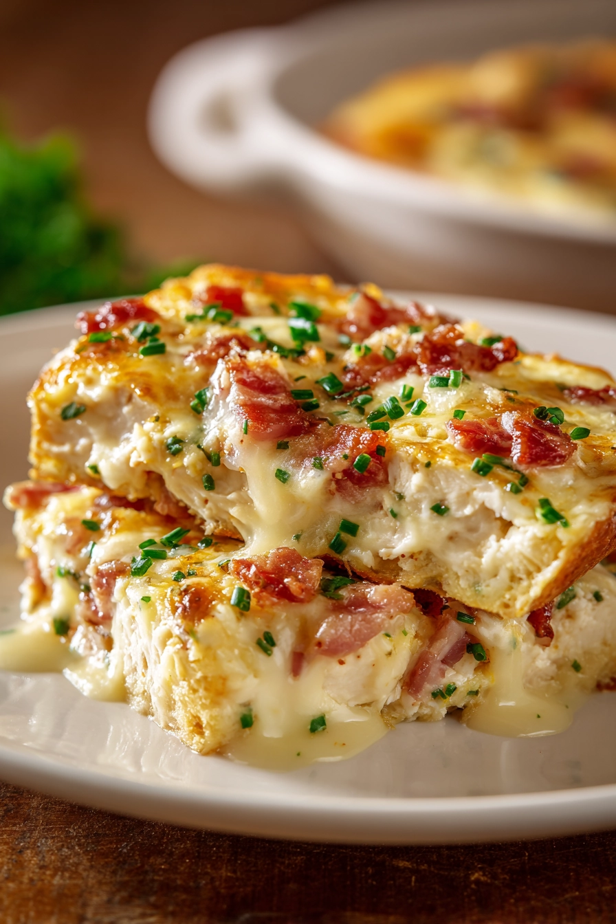 Close-up of a sliced homemade chicken bake on a white plate with melted mozzarella and cheddar cheese, creamy Alfredo sauce, crispy golden crust, bacon bits, and chopped green onions