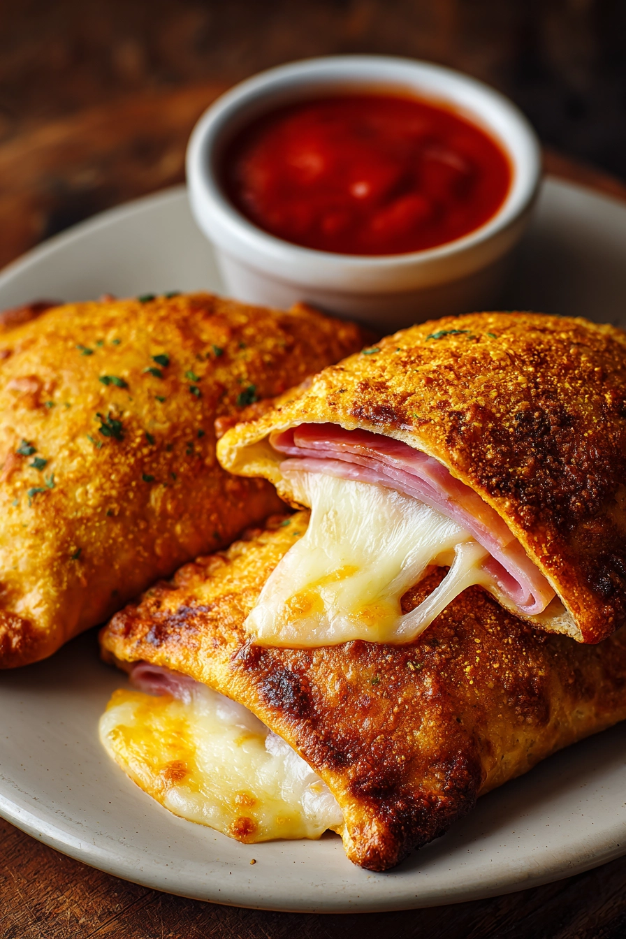 Close-up of two golden baked homemade hot pockets with crispy crust, melted mozzarella cheese, and deli ham, served on a white ceramic plate with a ramekin of red marinara sauce