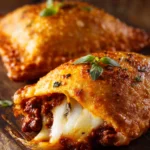 Close-up of two homemade hot pockets with crispy golden-brown crust, melted mozzarella cheese oozing, ground beef and tomato sauce filling, garnished with fresh basil on a white rectangular plate