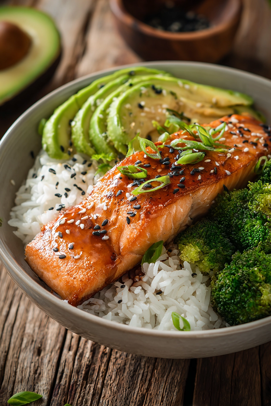 Close-up of a honey glazed salmon fillet with crispy edges on a bed of white jasmine rice, steamed broccoli florets and sliced avocado arranged neatly, garnished with black sesame seeds and chopped green onions on rustic wooden surface under warm natural light.